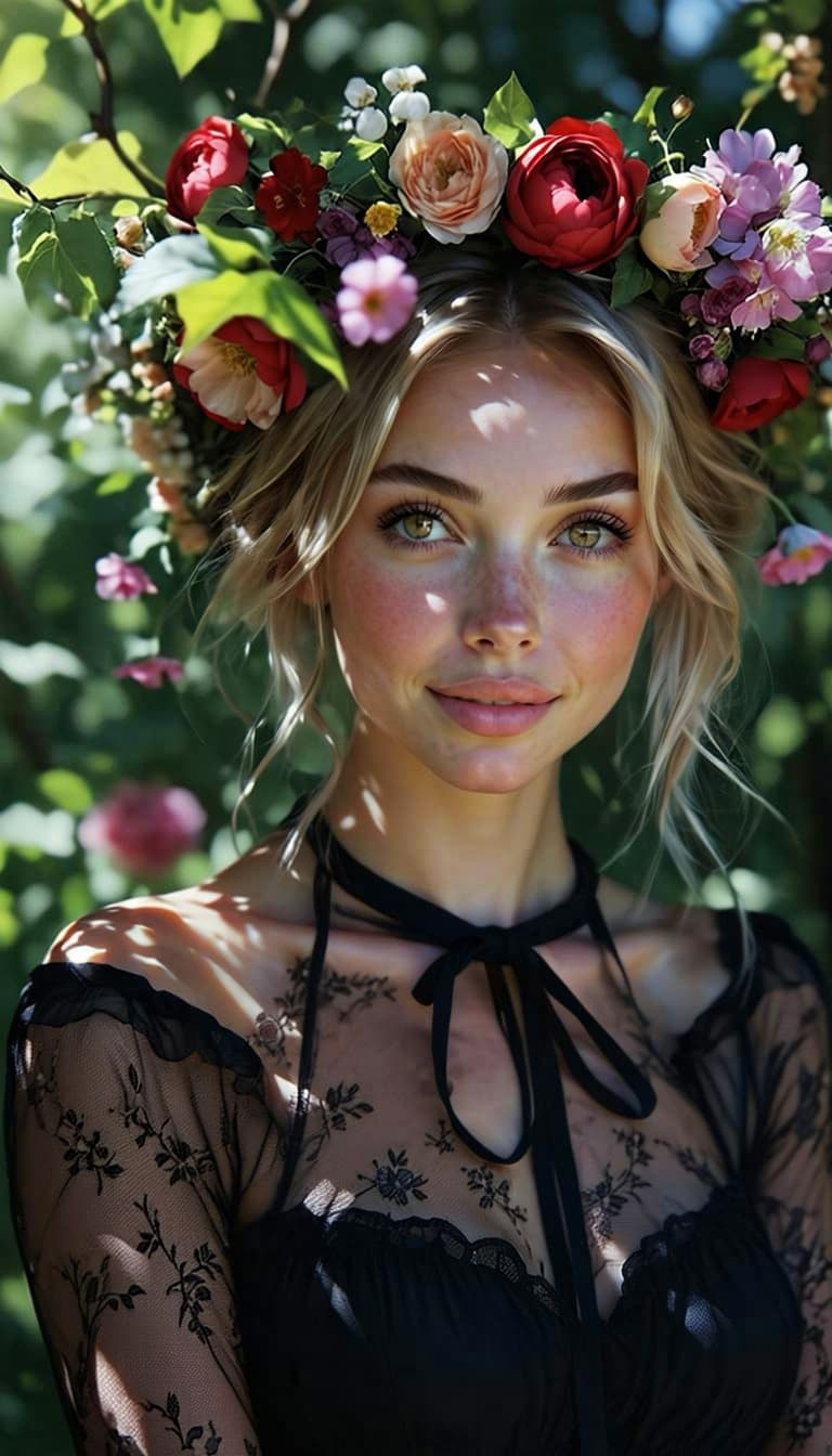 AI generated: Lady with floral headdress, blonde hair, hazel eyes, seductive attire, garden, sunny day, realistic ...