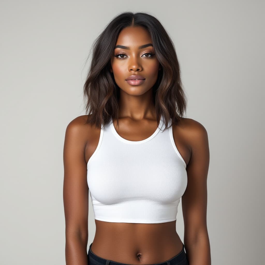 AI generated: Big bust slender brown woman with natural shoulder level hairstyle, wearing a white Racerback Tank T...