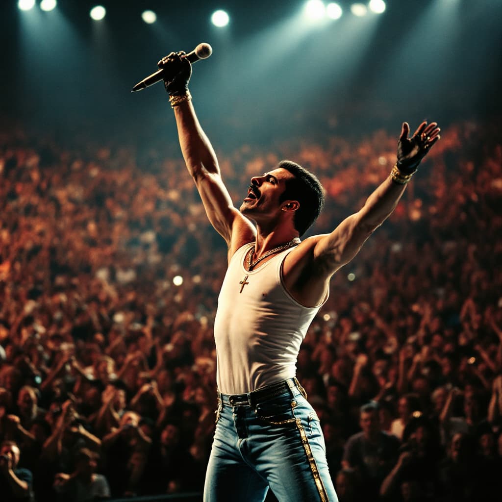 AI generated: Freddie Mercury, the iconic frontman of Queen, stands on stage, a towering figure of energy and char...