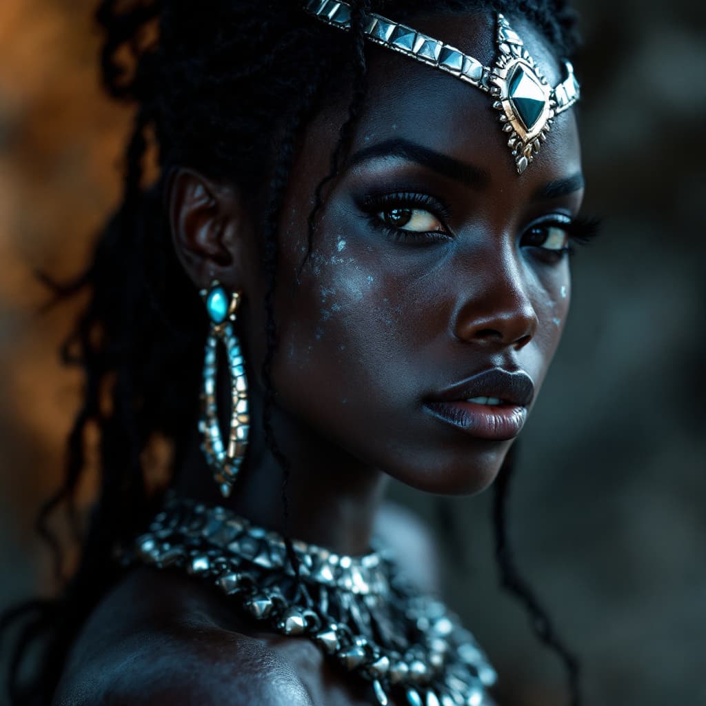 AI generated: black African female dressed as amazon warrior, (((full body visible))), looking at viewer, portrait...