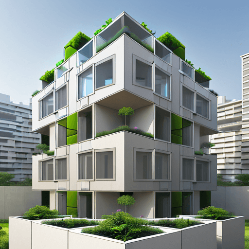 AI generated: flexible 3*3 cube residential building with grids and inner open main court and green roof and outer...