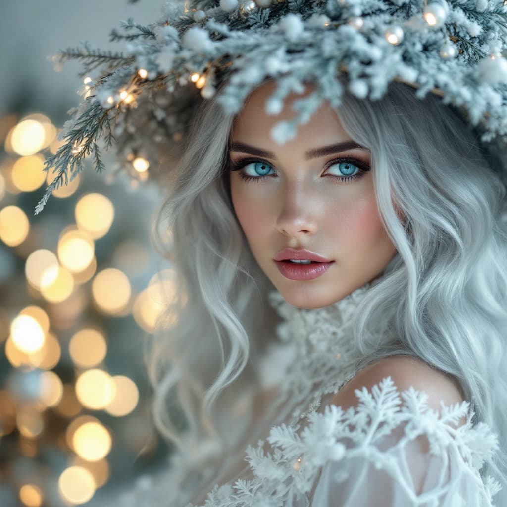 AI generated: Photo portrait of a woman with silver hair, blue eyes, wearing a white elegant chic dress and a hat ...