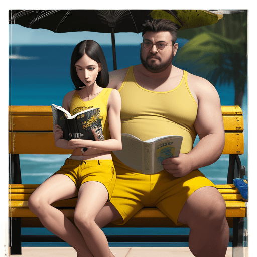 AI generated: "a skinny looking thin guy in yellow shorts with a fish print flexes his muscles in front of a curva...