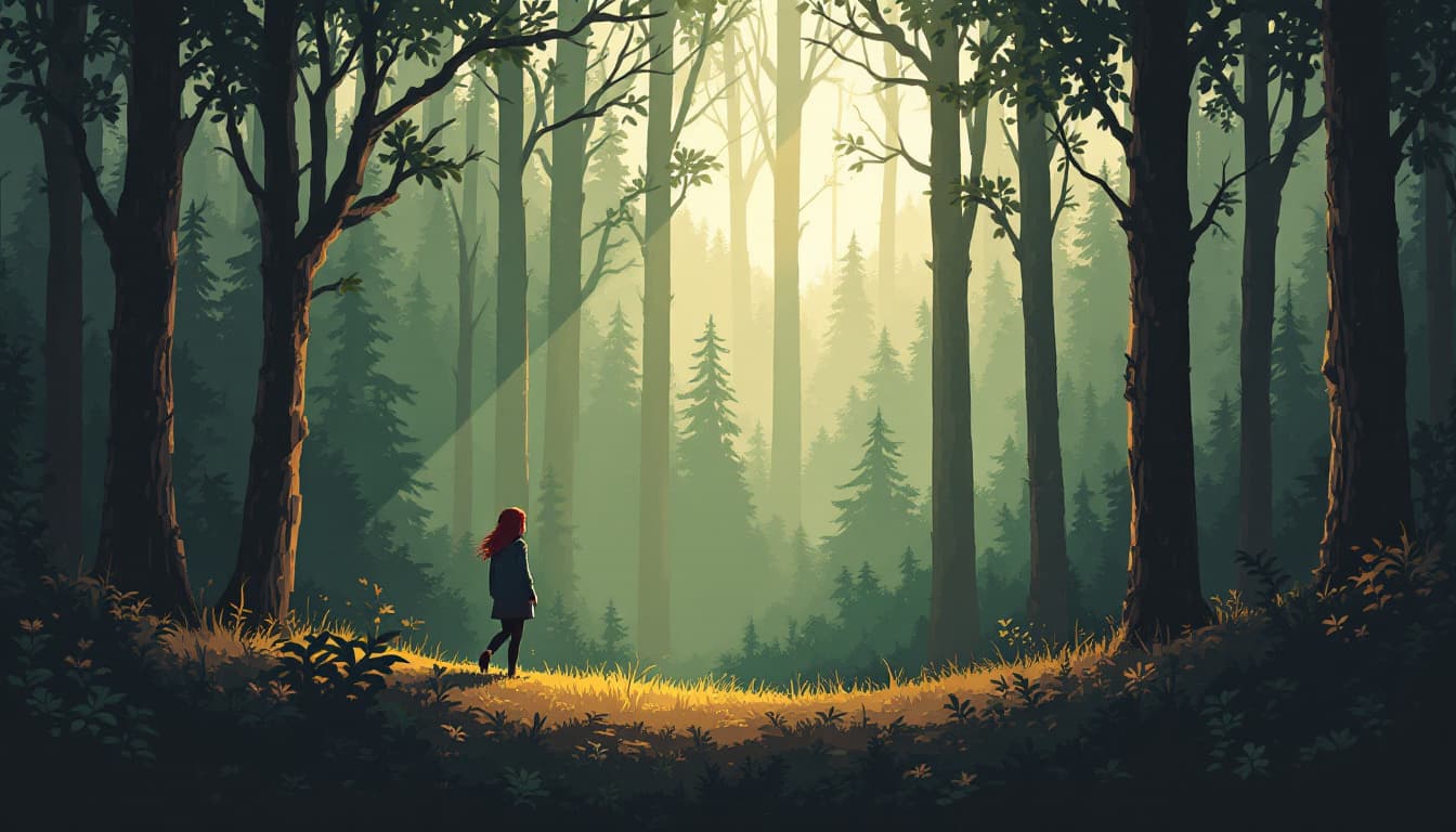 AI generated: make me a pixel art version of a picture of a woman walking alone in the forest