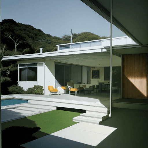 AI generated: Hyper realistic eye level exterior photo of a mid century modern style house overlooking the ocean, ...