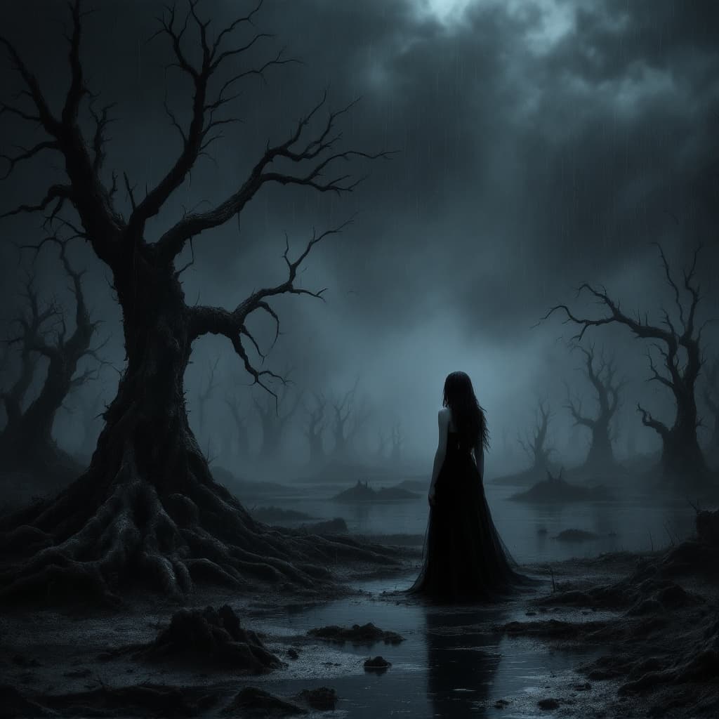 AI generated: a dark, gloomy swamp stretching out as far as the eye can see. The swamp is black and gloomy, with t...