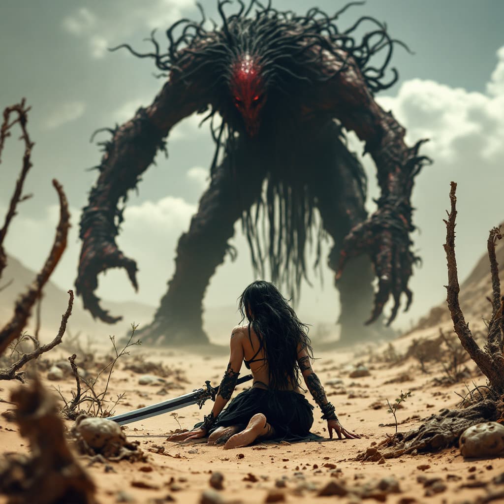 AI generated: A beautiful black hair woman crawls in a desert wasteland, seen from behind. black thong jeweled bra...