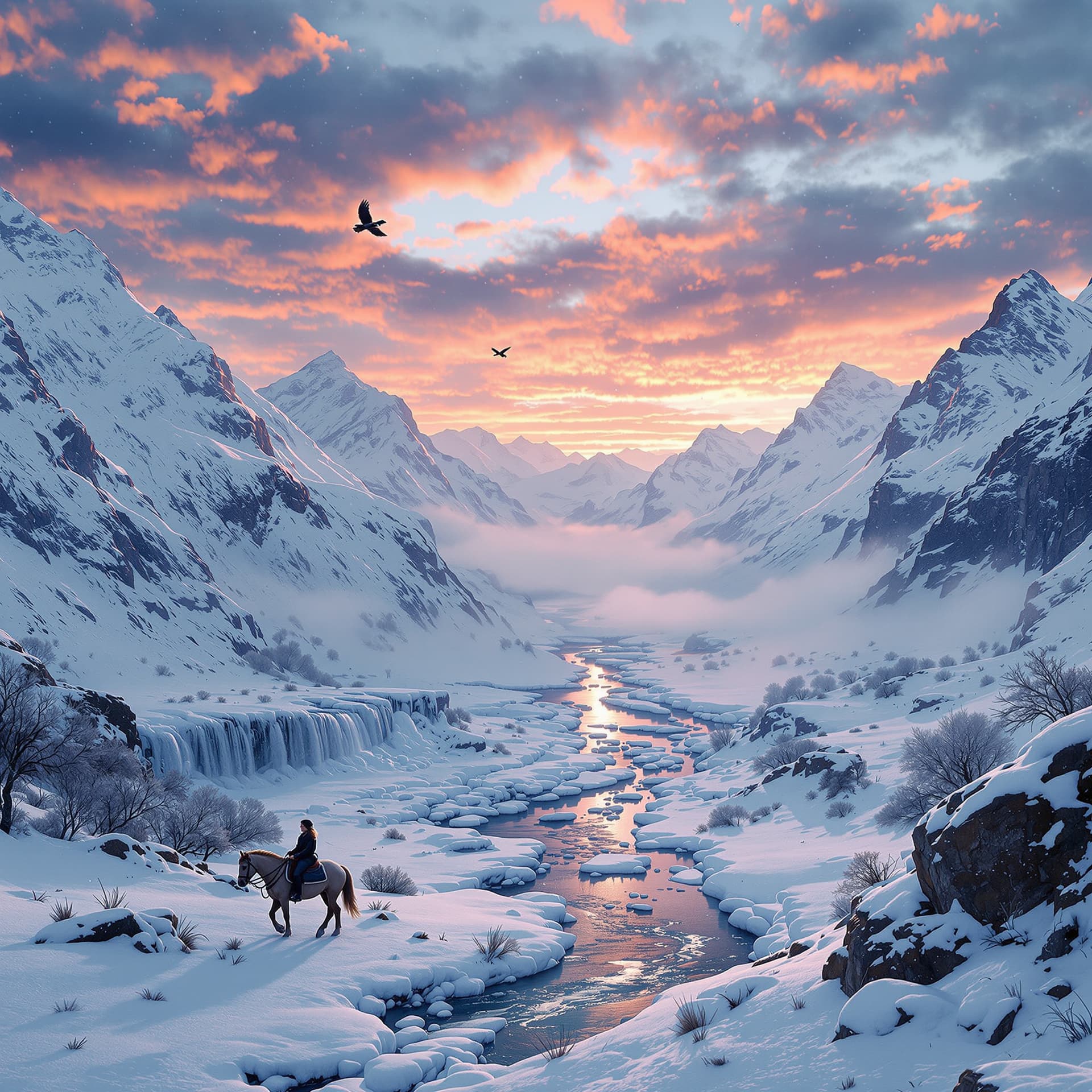 AI generated: Deep color, windy, snowy valley, with steep mountains around, deeply detailed 4k, drone-like view fr...