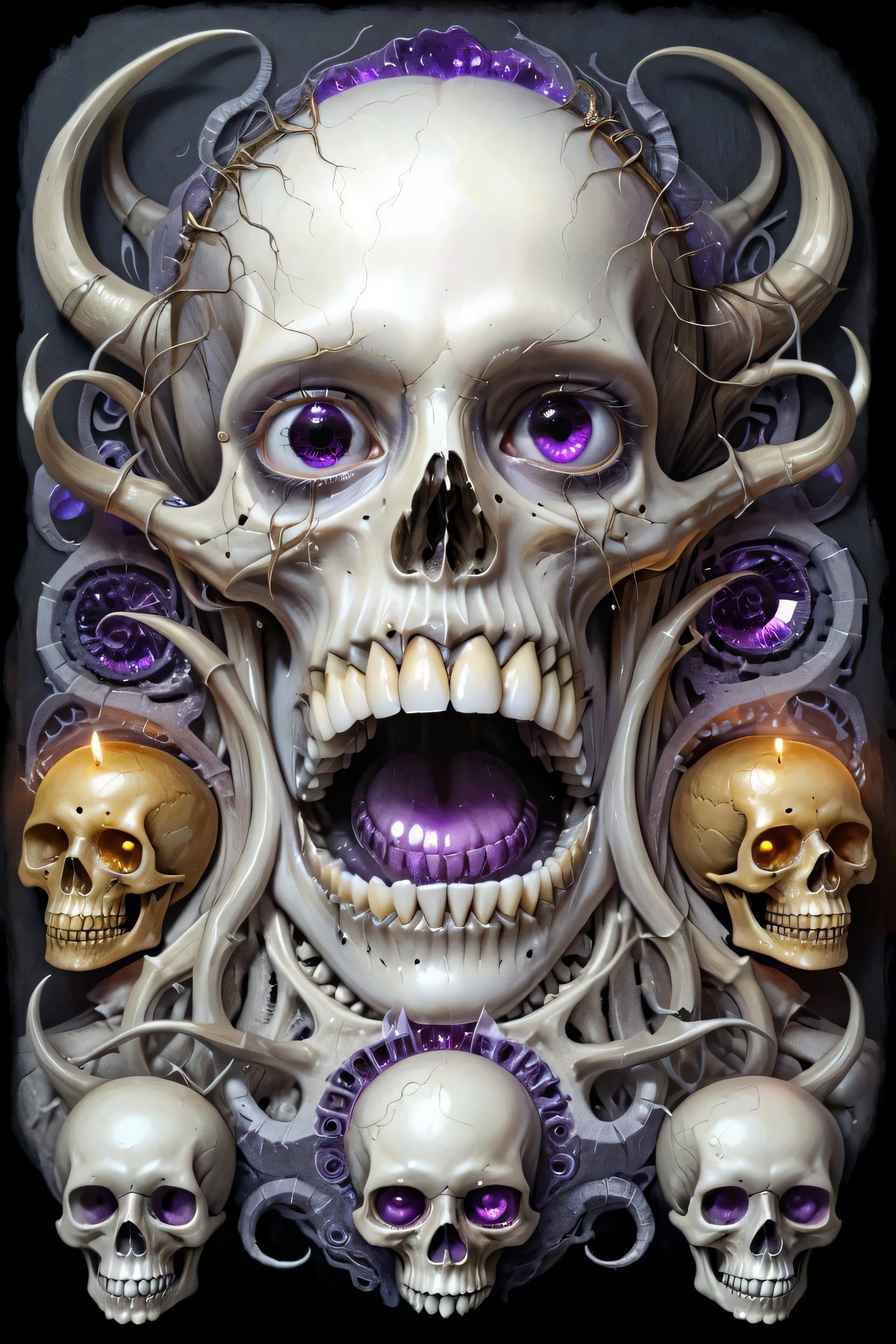 AI generated: Perfect Very Detailed eyes , Glowing , Creepy Teeth, Skeletal, Amber Heard, malice, skulls, tendrils...