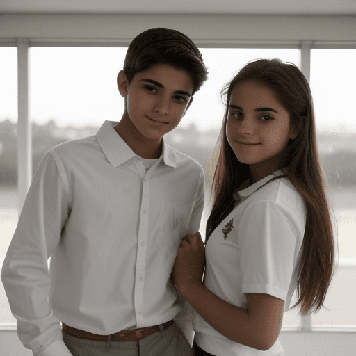 AI generated: Imagen 2 jóvenes de 14 años, enamorados que se miran con encanto sentados en el pupitre de la escuel...