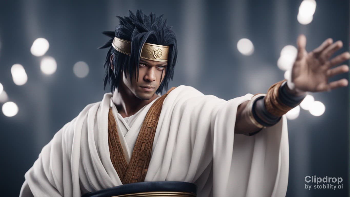 AI generated: hiperrealistic sasuke with sharigan, in african costume, isolated on white background