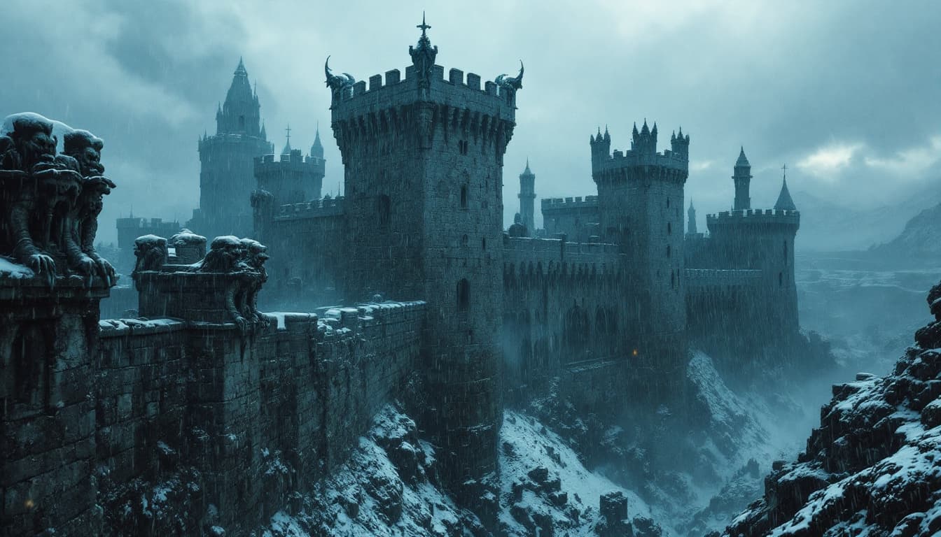 AI generated: A panoramic view of the castle, imposing and gloomy, with wind and rain lashing its walls. Snow brie...
