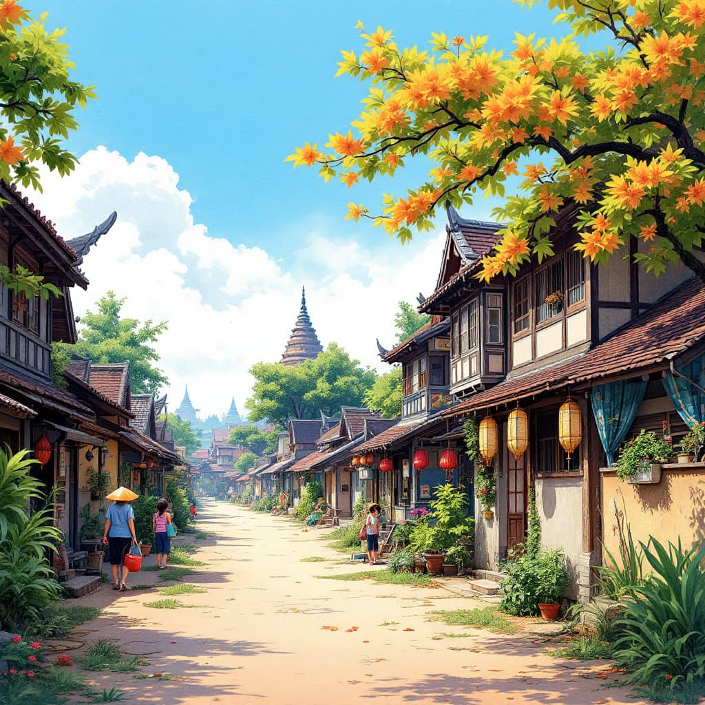 AI generated: myanmar village, with detailed design, with a watercolor painting effect, and vibrant colors, Hayao ...