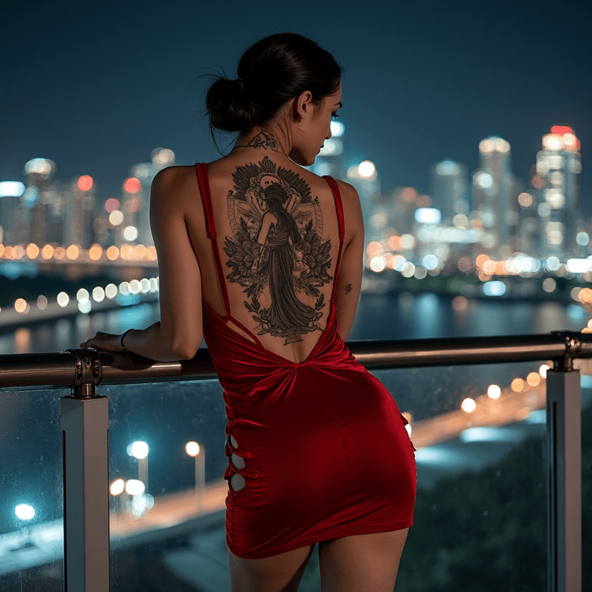 AI generated: Highly detailed and high quality photograph taken at night, capturing a woman with a striking, large...