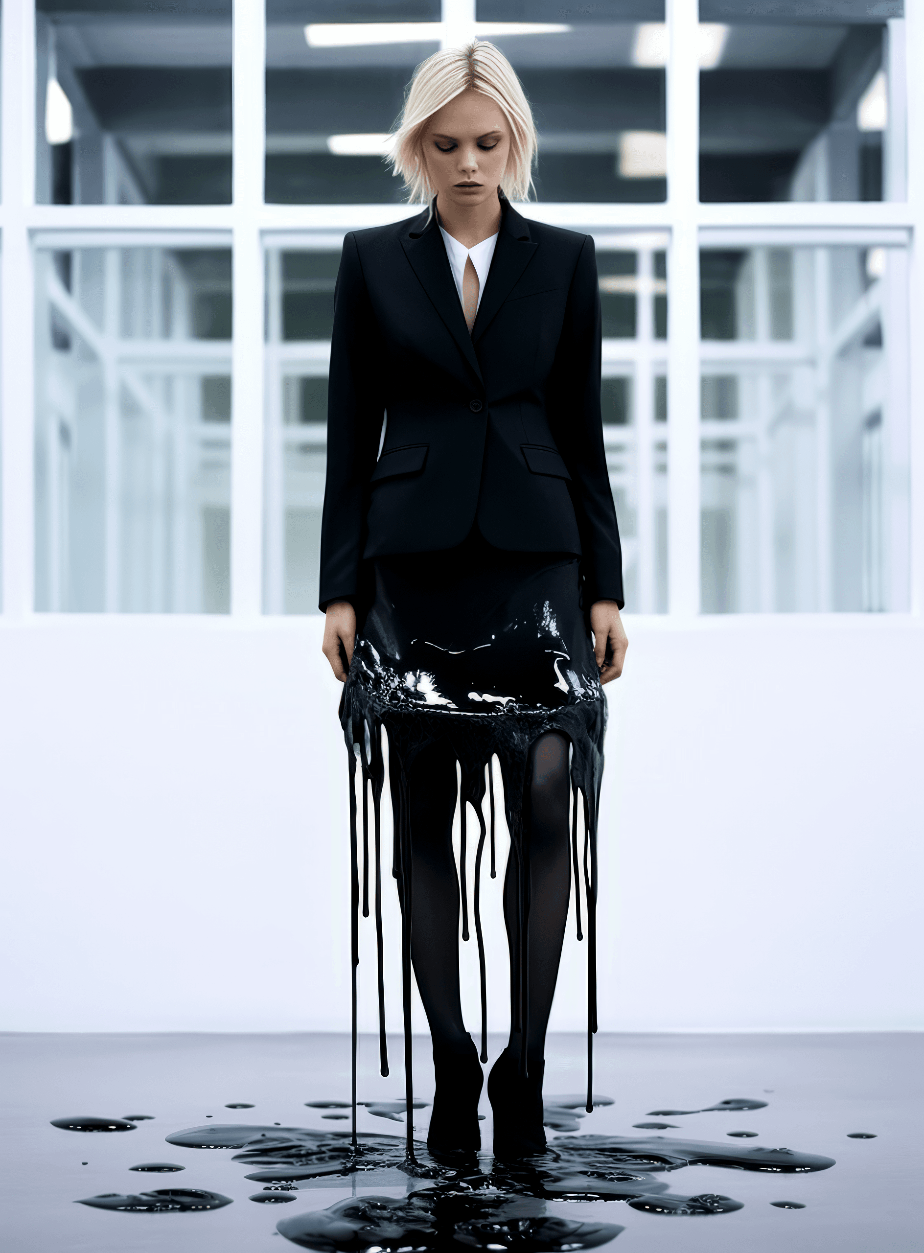 AI generated: beautiful blonde woman in black mini skirt suit with hair, full body, in the style of fluid, glass-l...