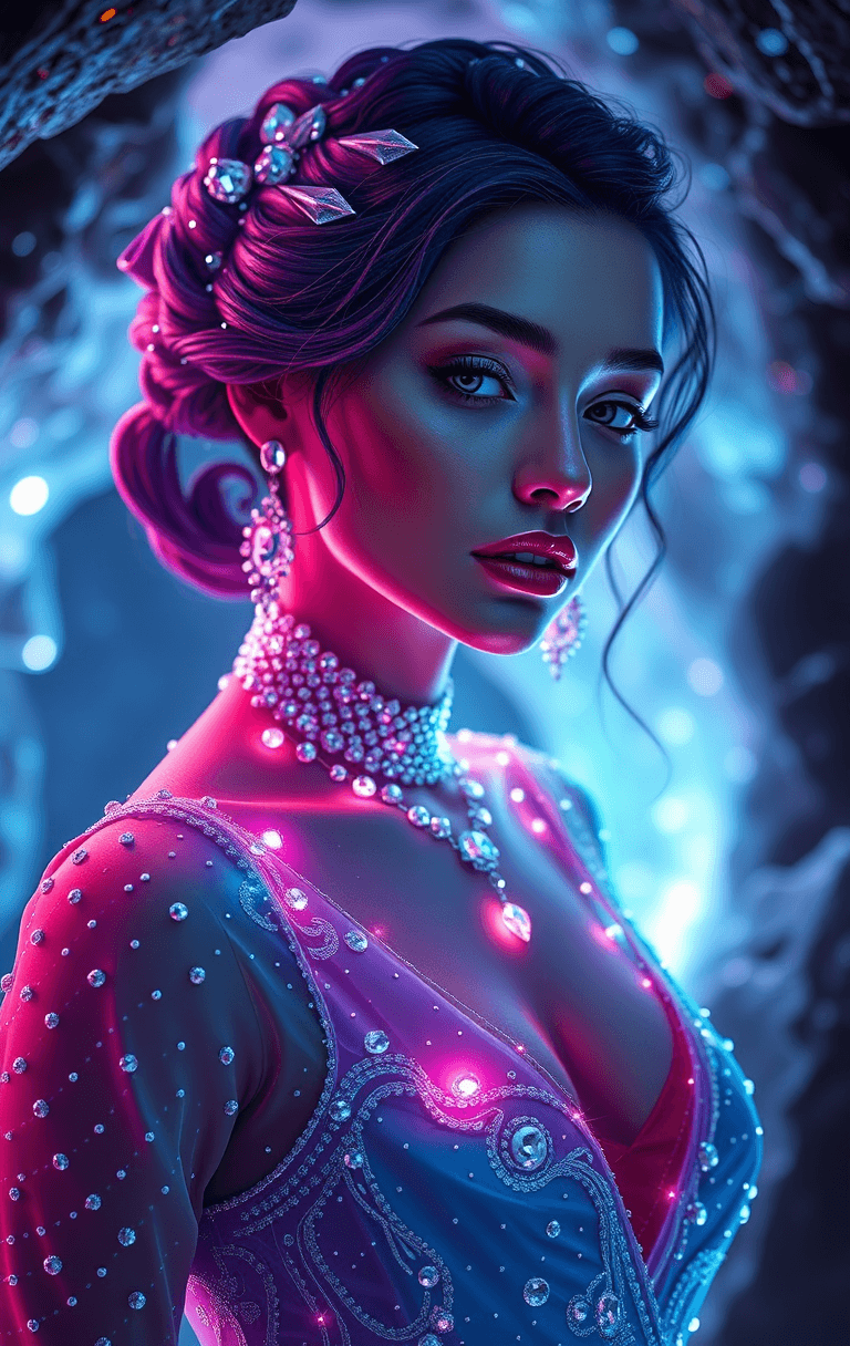 AI generated: gorgeous woman created from diamond, silk, diamonds, gems, sparkling dots, in crystal cave backgroun...