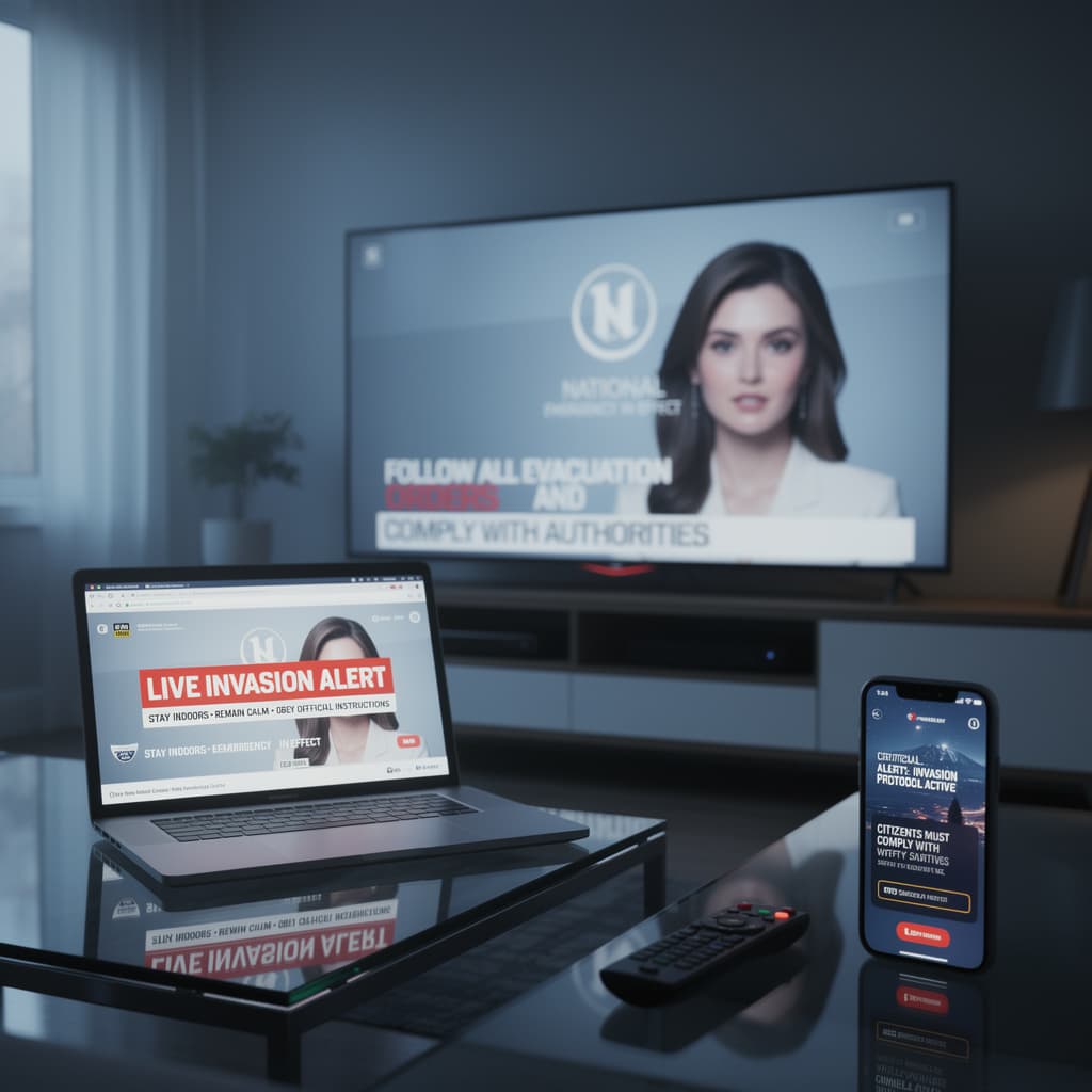 AI generated: Create a visual, show television and internet broadcast giving instructions of an invasion and telli...