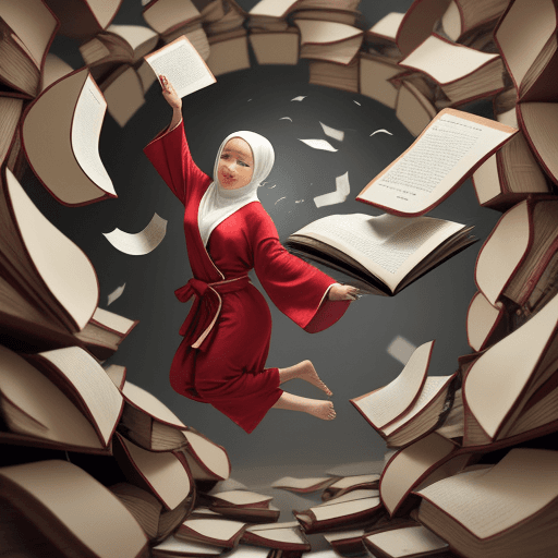 AI generated: An Indonesian woman wearing a robe and hijab, jumping/coming out of a book, torn books manipulated o...