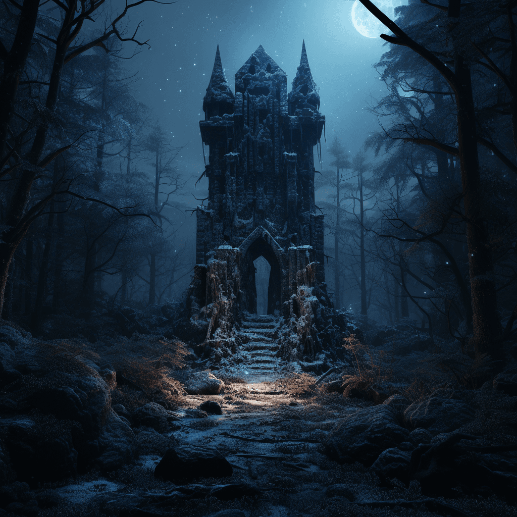 AI generated: haunting stone tower surrounded by a dense taiga forest with blue mushrooms on the ground, dark door...
