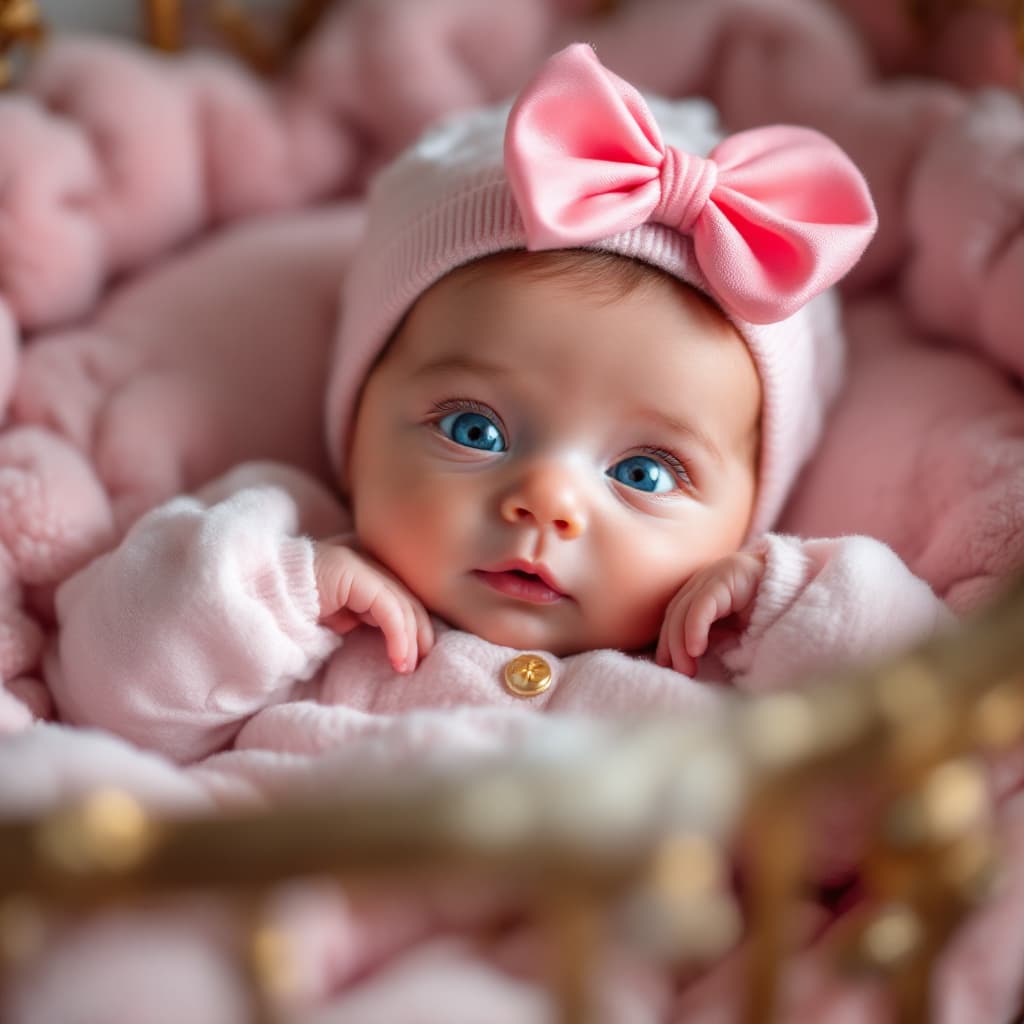 AI generated: newborn baby with beautiful blue eyes, dressed in a very cute and adorable outfit with a pink bow on...