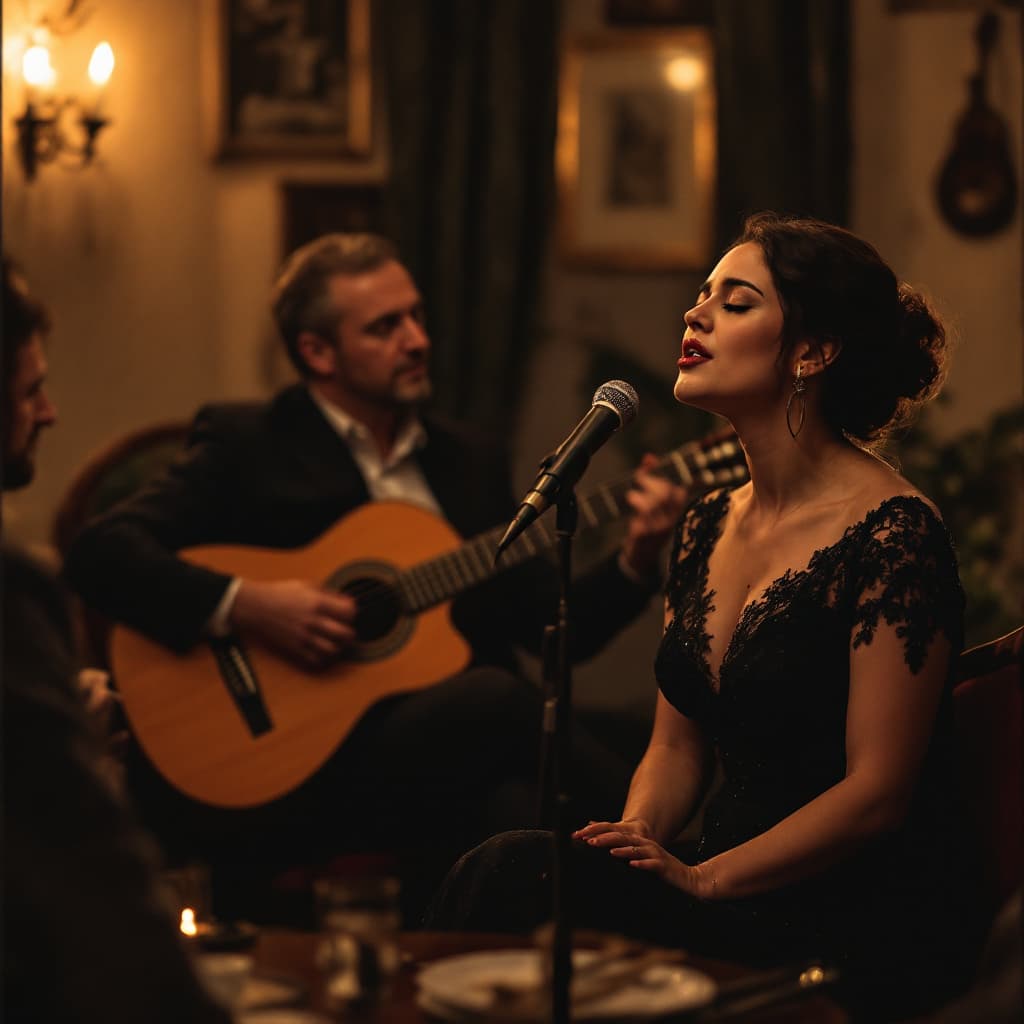 AI generated: A fado dinner in Lisbon with a group of people for a company retreat. A fado singer is performing wi...