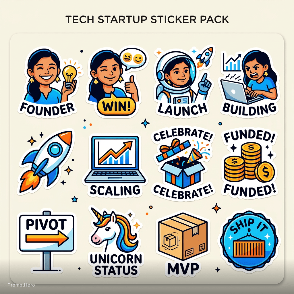 AI generated: tech startup stickers based on the uploaded logo, rocket ships, laptops, celebration emojis, modern ...