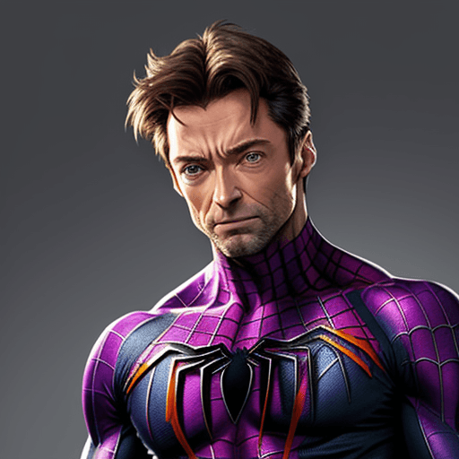 AI generated: HUGH JACKMAN IN A PURPLE WOLVERINE /SPIDERMAN COSTUME 
