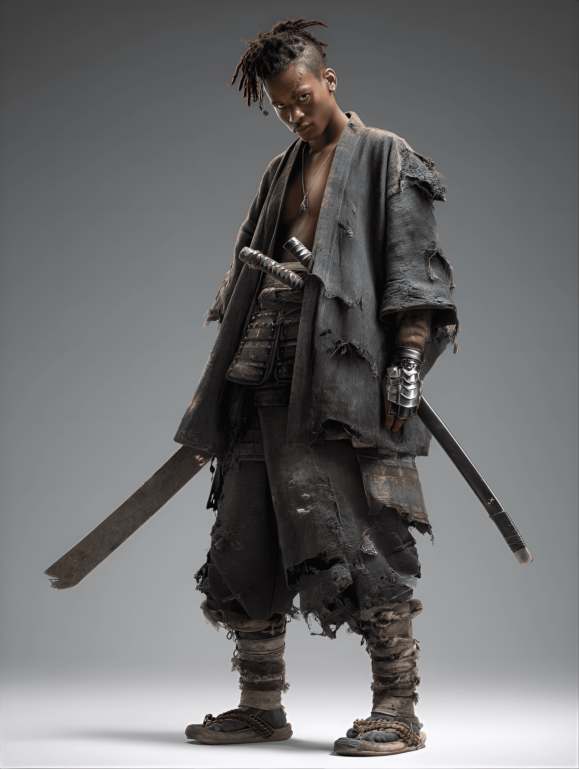 AI generated: Dark-skinned male figure, young adult,  with dreadlocks,  in a distressed,  worn,  dark-gray/denim-s...