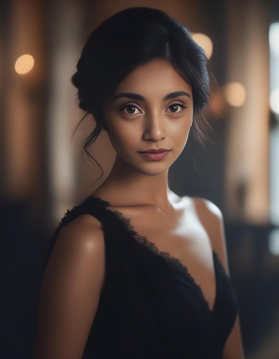AI generated: a woman poses in a black dress, in the style of soft edges and atmospheric effects, romanesque, pop ...