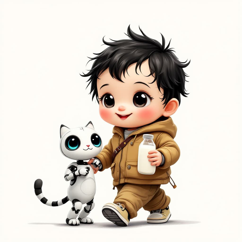 AI generated: cute baby with black eyes and black hair, who is walking with a robot cat while holding a milk bottl...