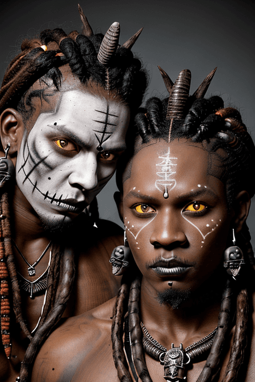 AI generated: Two male voodoo priests,  damballa, dark complexion, voodoo symbols on face, dark brown and white vo...