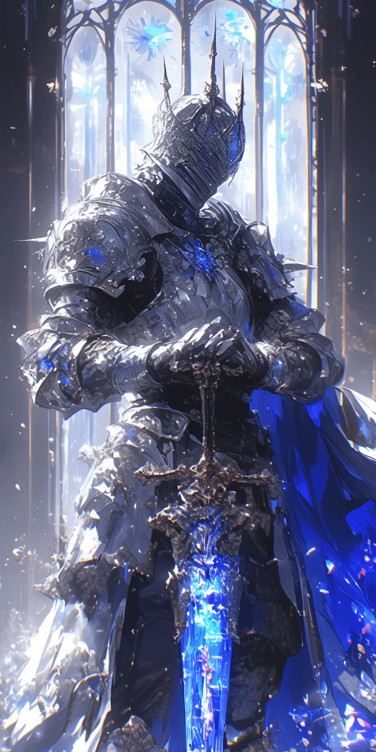 AI generated: dark knight in white armor with a sword, in the style of dark gray and azure, elaborate artistic env...