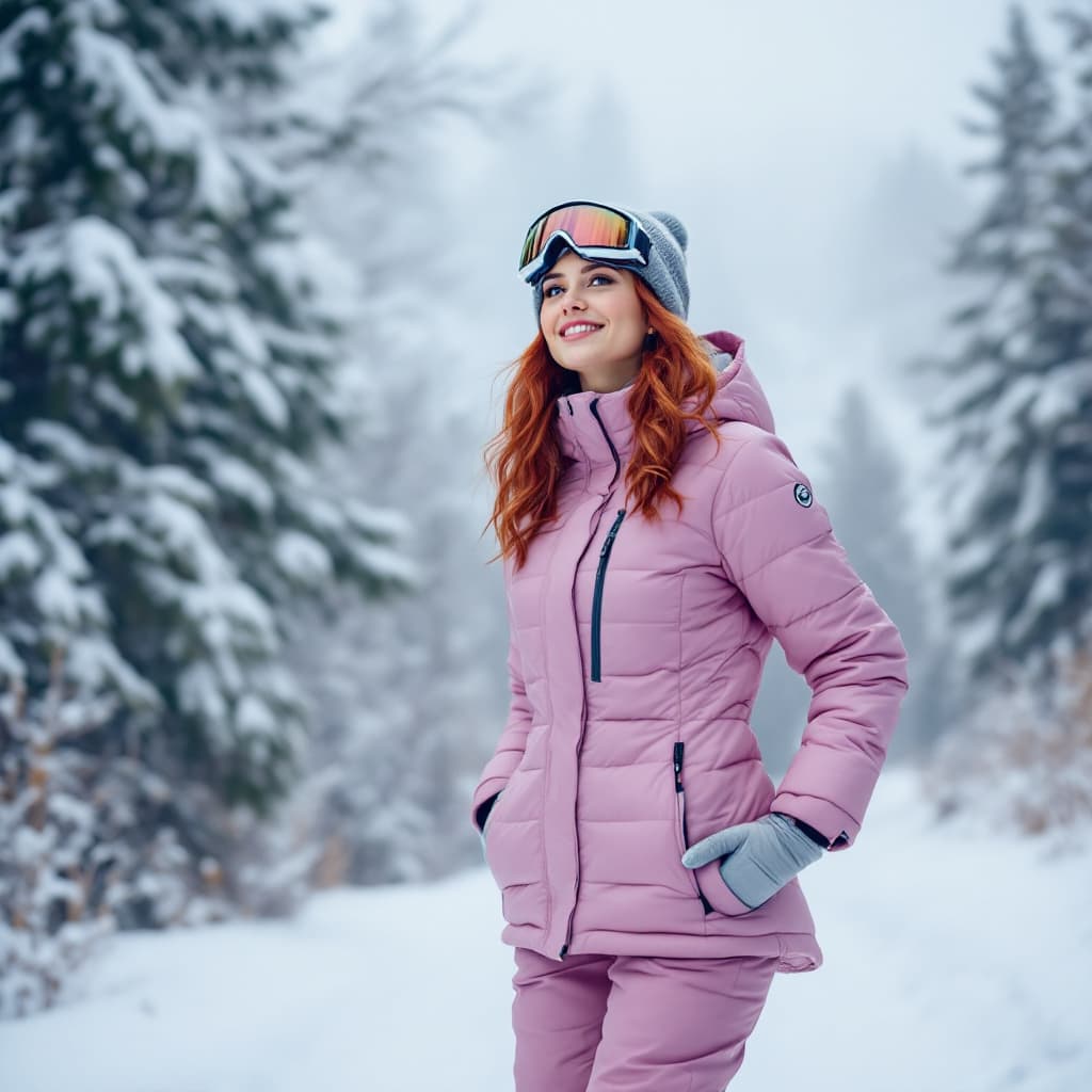 AI generated: Winter scene with a woman dressed in a pink insulated jacket and snow pants, gray gloves and hat, st...