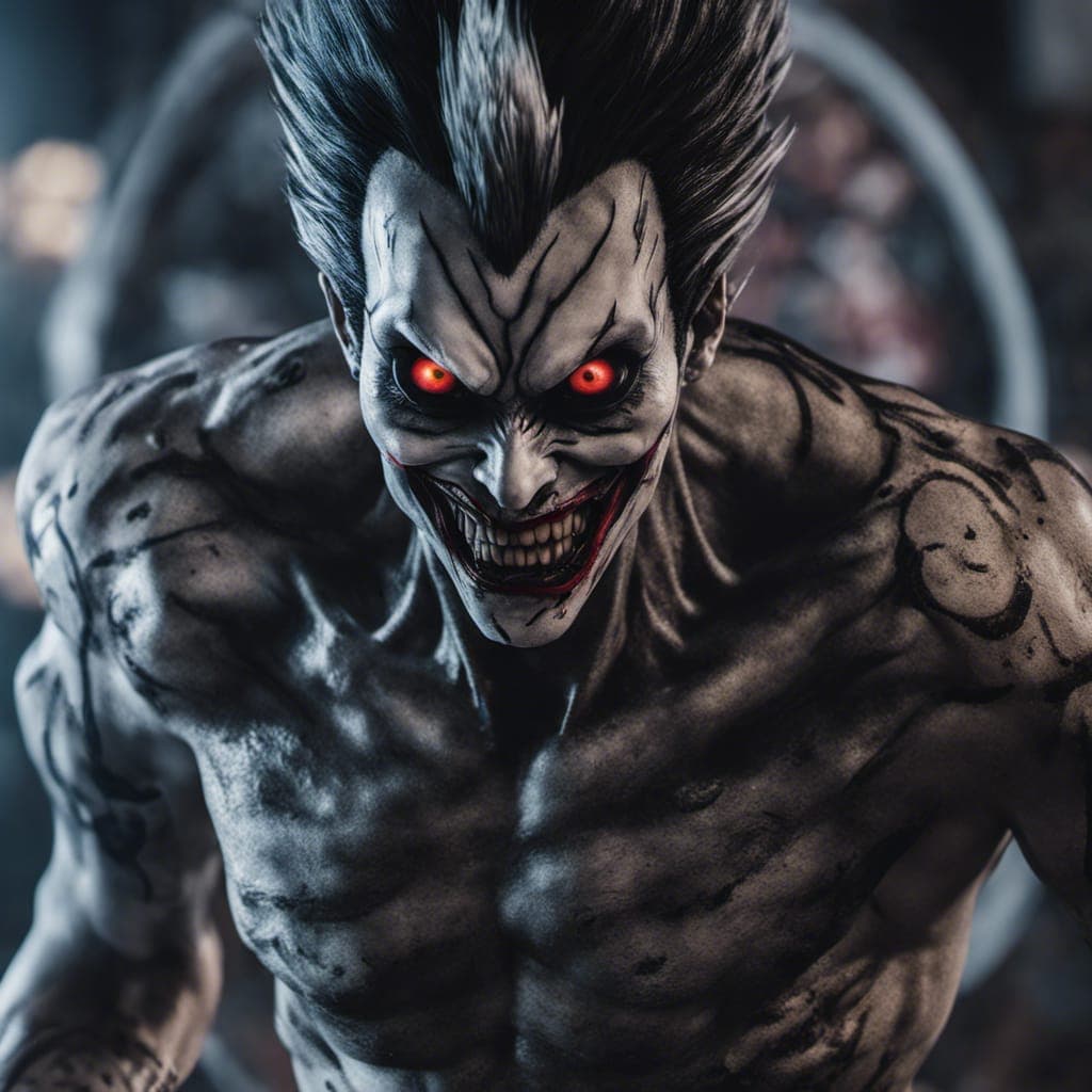 AI generated: Realistic Ryuk from Death Note with tattoos, (detailed stunning environment), cinematic, cover art, ...