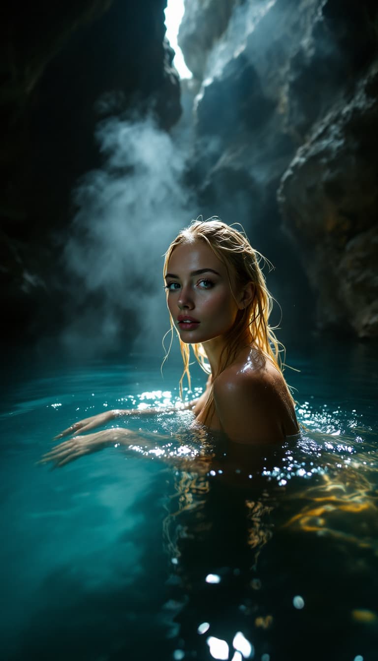 AI generated: hot spring in a river water, steam rises from the water, a woman with long wet blonde hair swims in ...