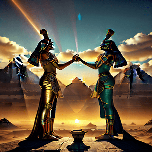 AI generated: painting of Osiris and ISIS myth , Egyptian gods, dramatic light, pale sunrise, cinematic lighting, ...