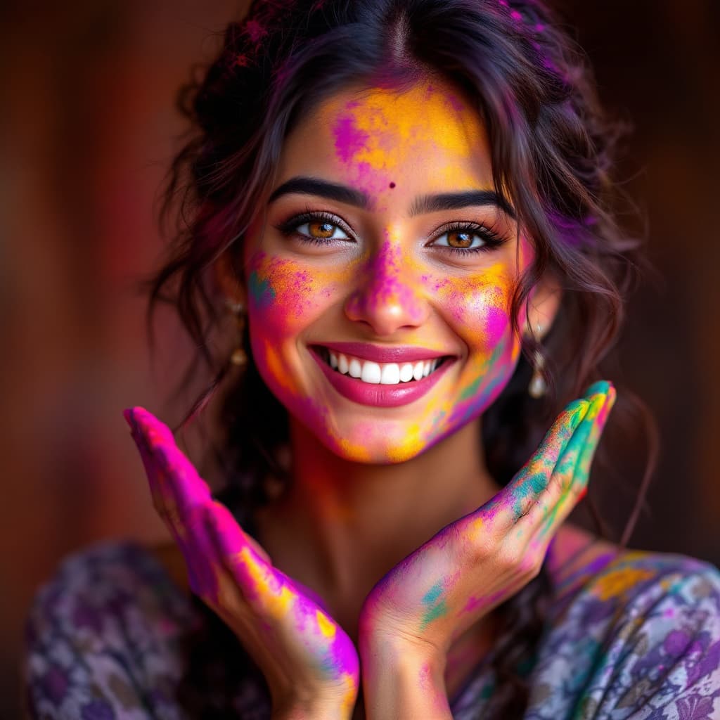 AI generated: "A stunning close-up portrait of a young Indian woman celebrating Holi, her face and hand vibrantly ...