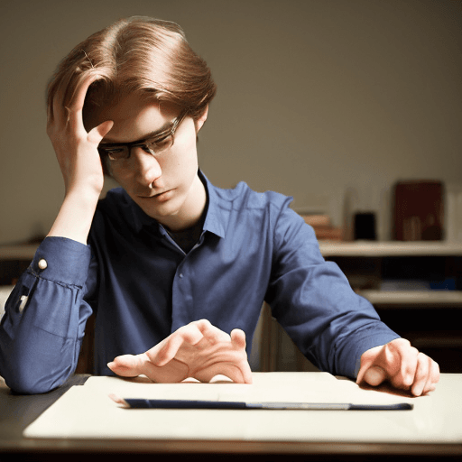 AI generated: A noble young man in his 20s, with a moderate build and long blonde hair, sits at a desk wearing a l...