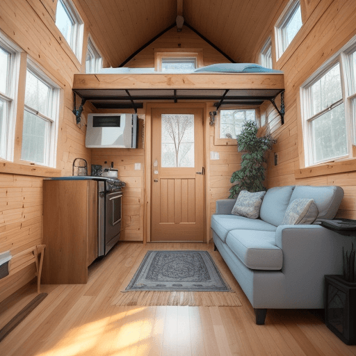 AI generated: 19 feet by 19 feet square tiny home, adjacent 19 feet by 19 feet square sun room to EAST of tiny hom...