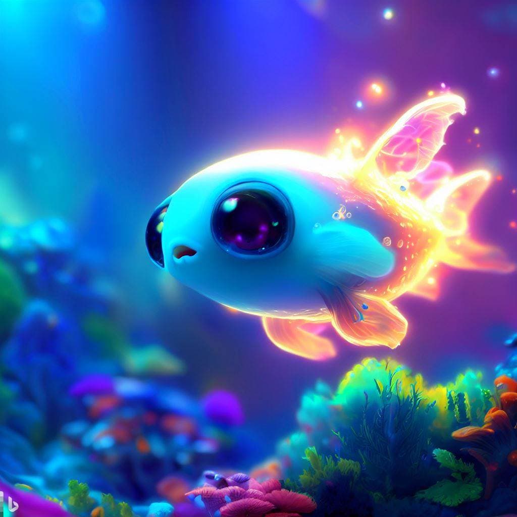 AI generated: photo of an extremely cute alien fish swimming an alien habitable underwater planet, coral reefs, dr...