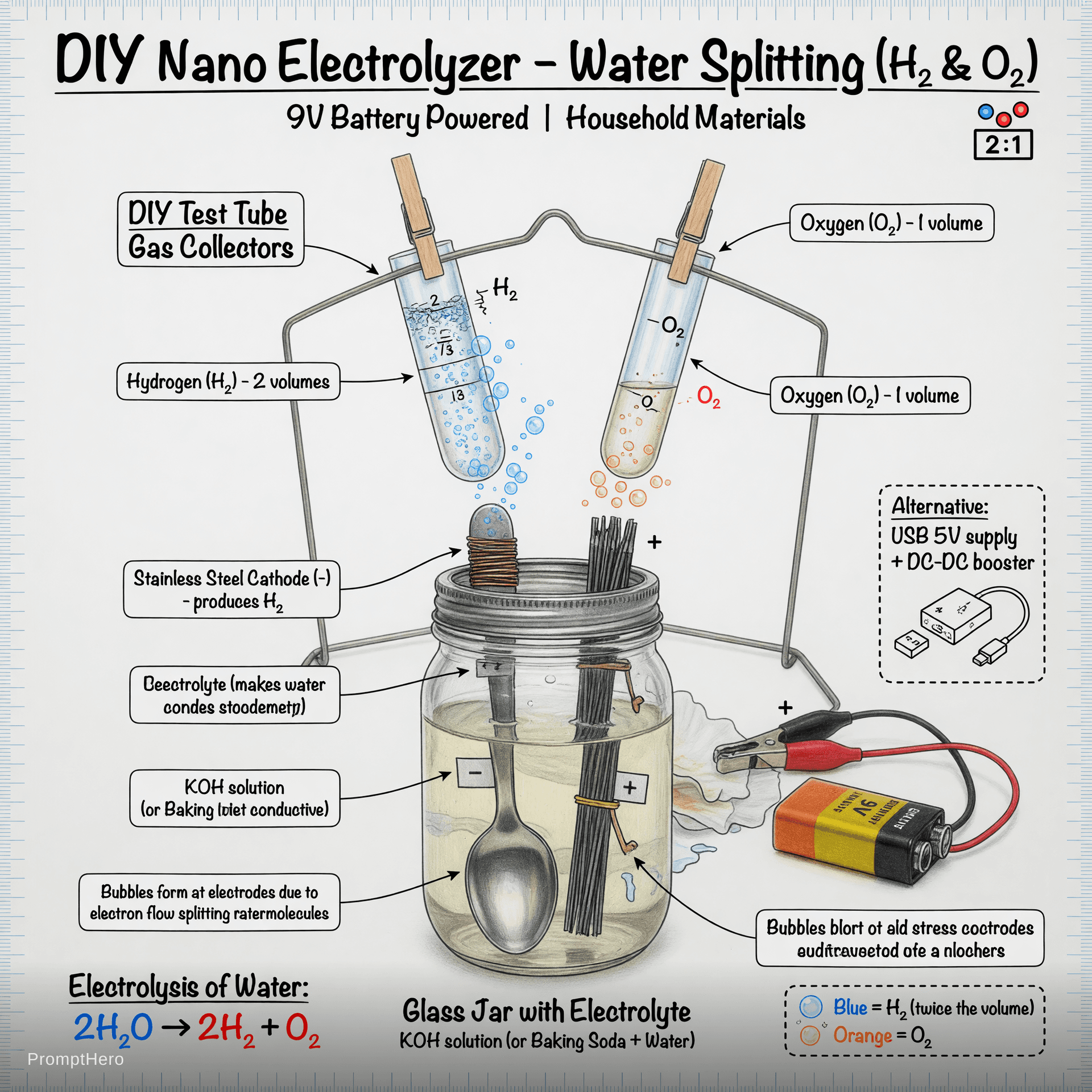 AI generated: Highly detailed technical illustration of a simple DIY nano electrolyzer made from household materia...