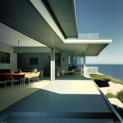 AI generated: Hyper realistic eye level exterior photo of a mid century modern style house overlooking the ocean, ...