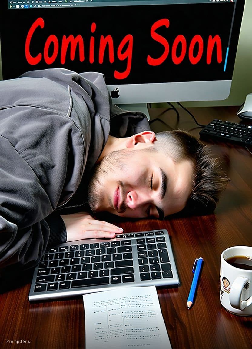 AI generated: A player with exactly face of my picture who has fallen asleep at a computer is sleeping on a table ...