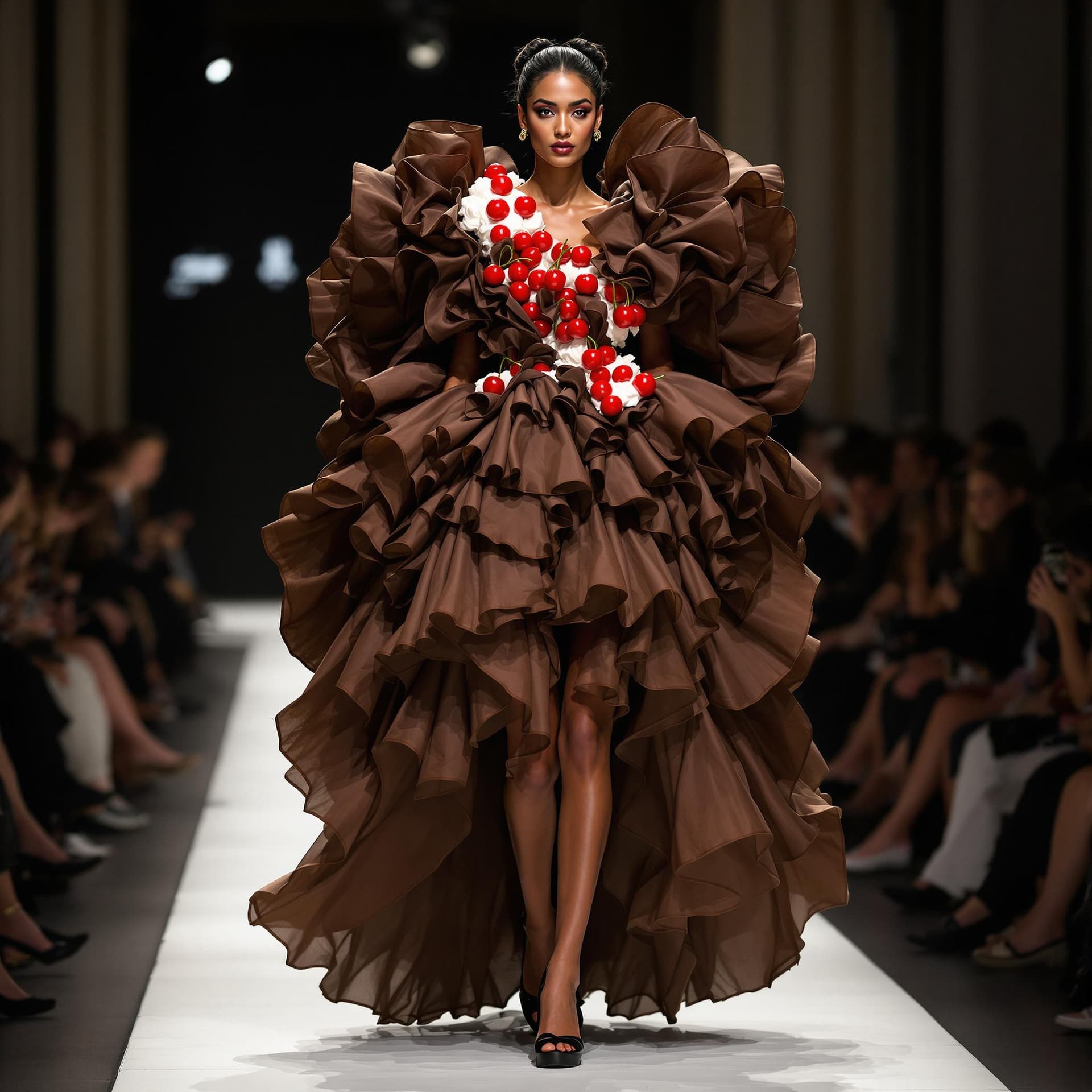 AI generated: A statuesque Indian model strides confidently down the Milan Fashion Week runway. Her ensemble, a br...