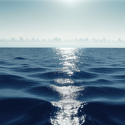 AI generated: view from the water surface of an empty ocean with no waves, a distant horizon, and hazy sky 
