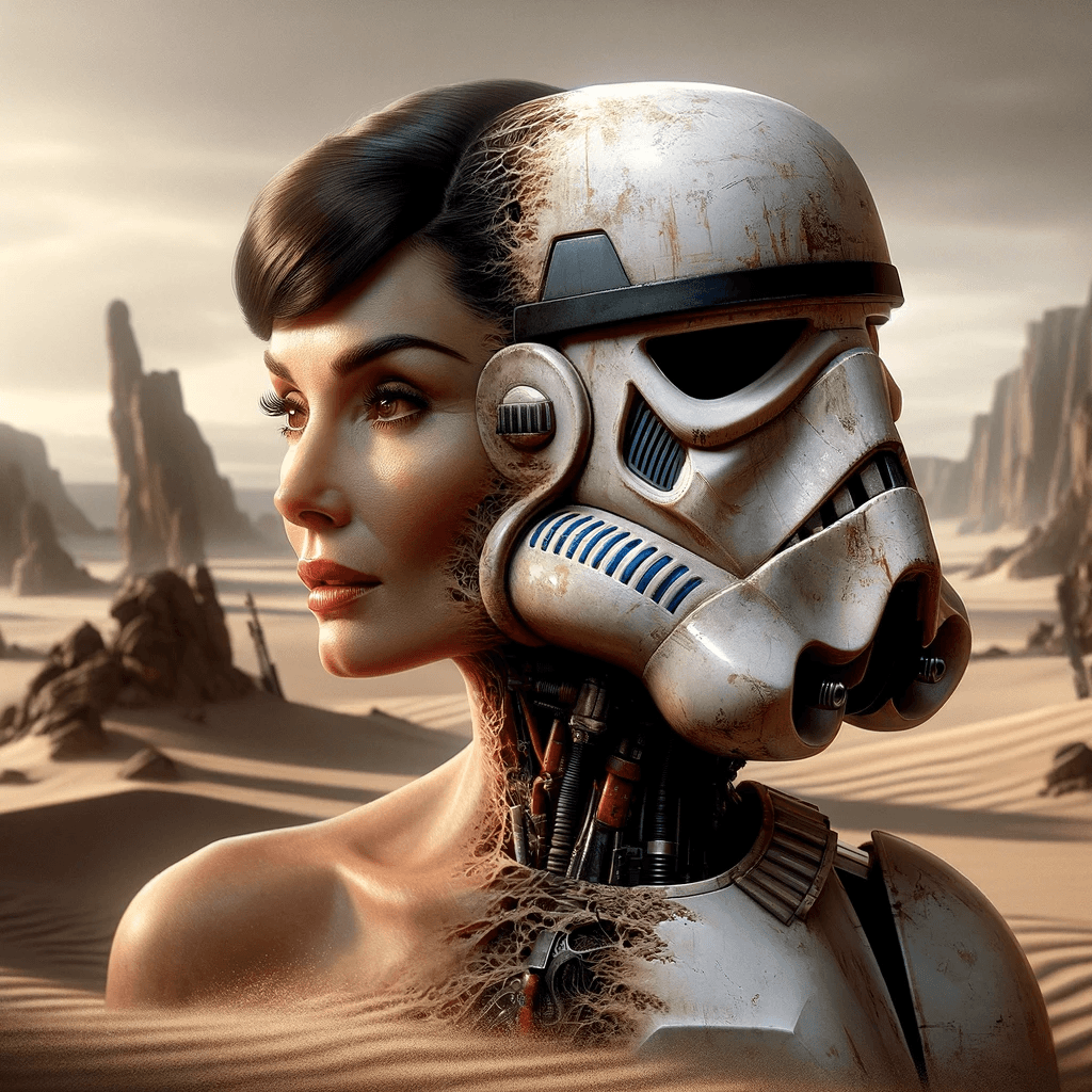 AI generated: A 50 year old woman resembling Audrey Hepburn wearing a stormtrooper outfit in the desert.