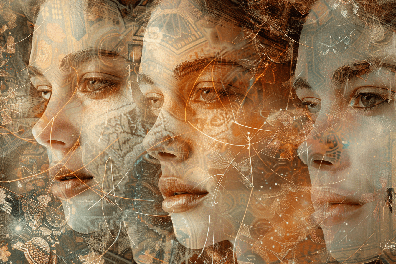 AI generated: A surreal digital collage featuring three women, their faces illuminated by soft light, with intrica...