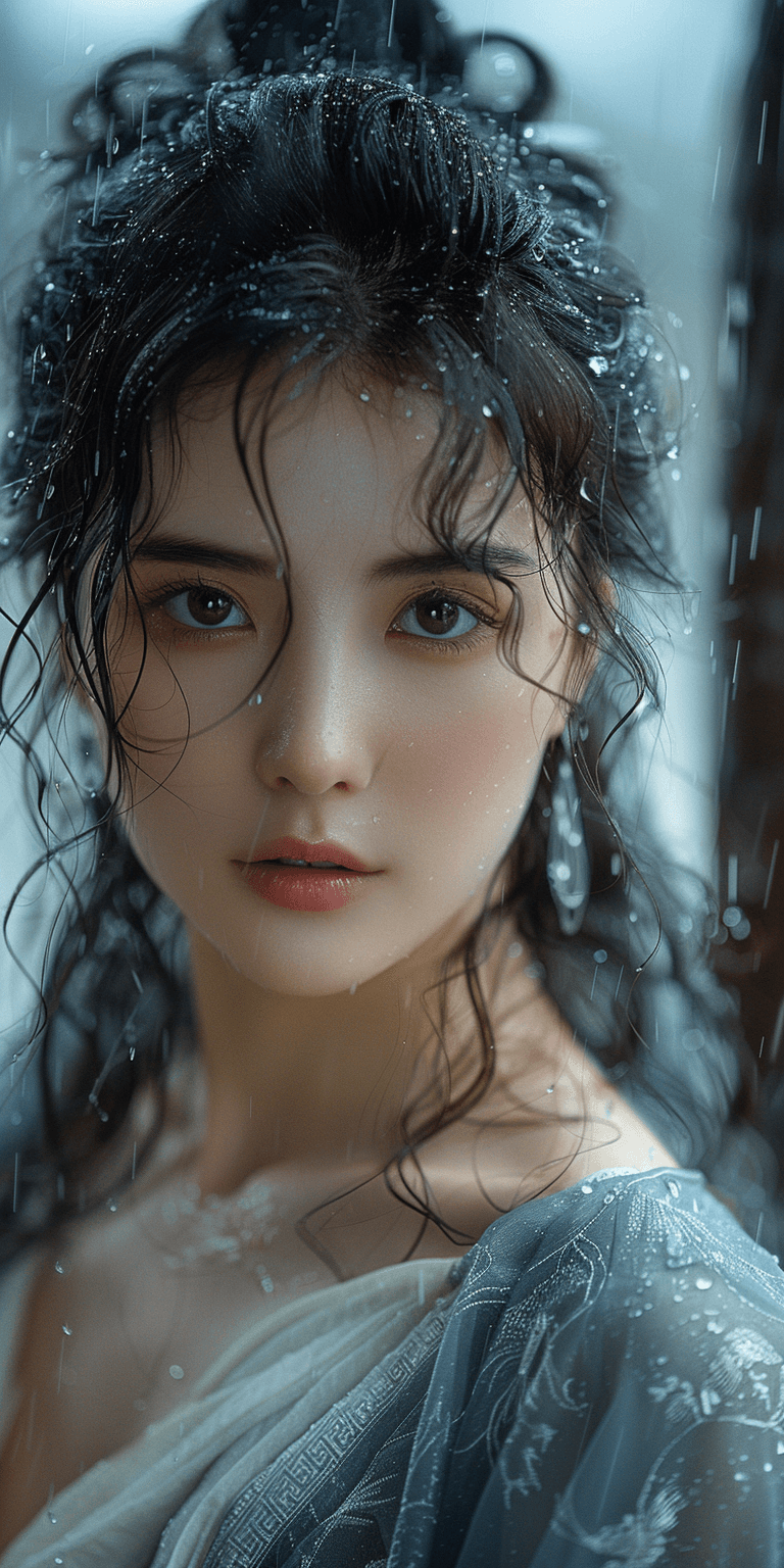 AI generated: Chinese beauty with delicate facial features and black hair, wearing a silver Hanfu in the style of ...