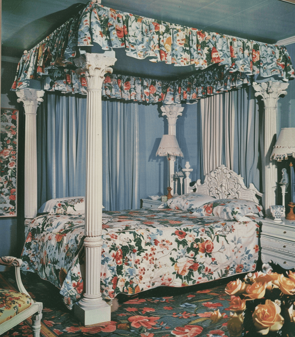 AI generated: a magazine photograph of an elegant bedroom from the mid20th century, with blue walls and floral pat...
