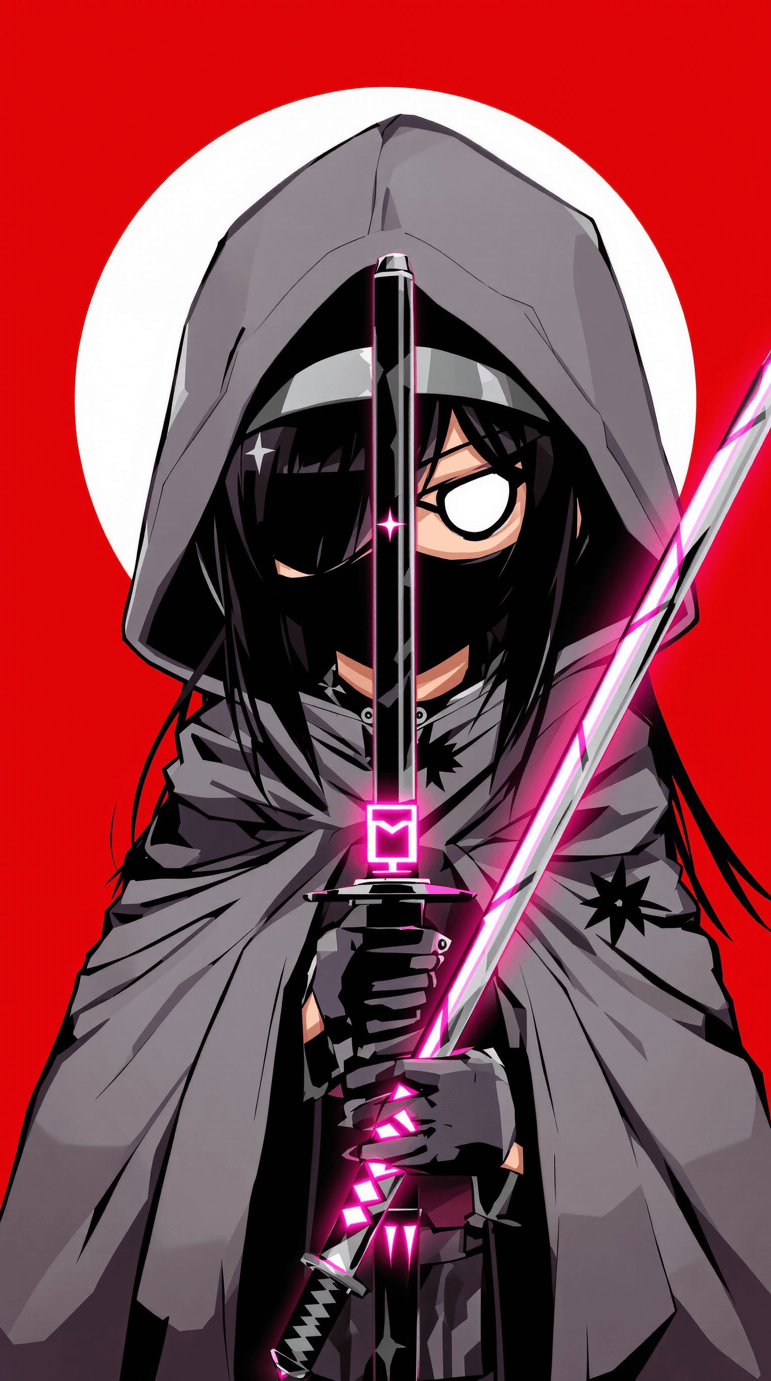 AI generated: A cute girl in Japanese anime style, wearing black mask and grey hooded cape holding samurai sword w...
